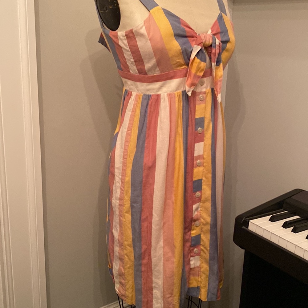 Madewell Tie Front Cut Out Dress Pink Sherbert Stripe Sundress Button Front 00 - Picture 4 of 7